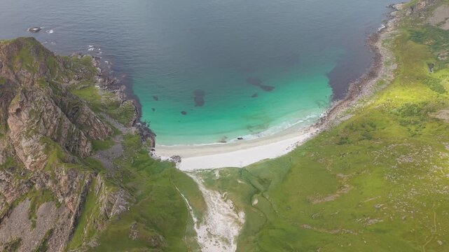 Aerial View Of Secluded Otervika Beach In Bleik, Norway. POV From Matind Hiking Area. topdown shot