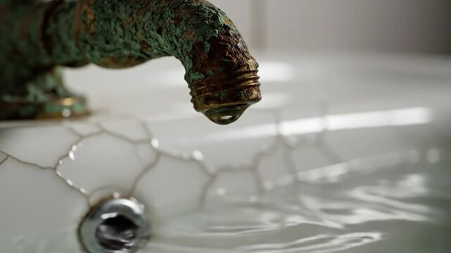 Close-up of a corroded faucet dripping water into a cracked white sink, with splashing reflections and audio
