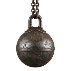 Antique metal wrecking ball hanging from a chain isolated on transparent background