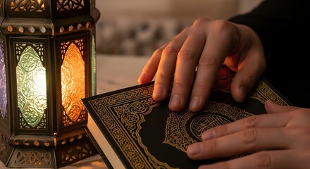 hands holding quran book with lantern in background