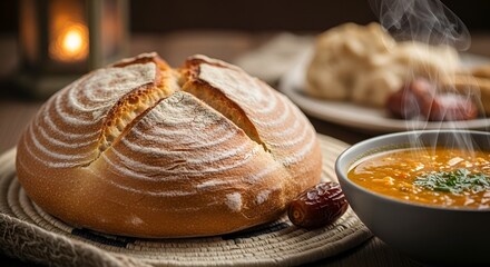 fresh bread and soup, rustic food, healthy meal, warm comfort