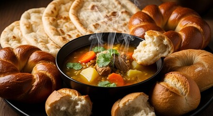 hearty stew with bread, delicious food