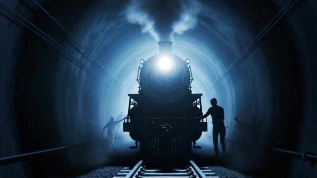 Vintage train emerging from a dark tunnel with ghostly figures around it