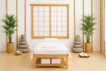 A serene spa environment featuring a massage bed, bamboo accents, plants, balanced stones, and soft lighting for a tranquil and relaxing experience.