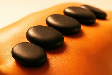Close-up view of hot basalt stones being used in a wellness center massage therapy, arranged along the back, skin care and alternative medicine concept image.