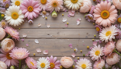 Obraz premium Pastel flowers scattered on wooden table flat lay