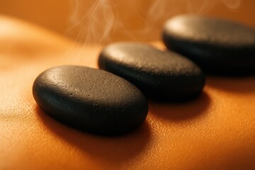 Close up of smooth black hot stones on a person's back, with steam for a relaxing spa treatment, promotes wellness and stress relief, enhancing skin texture and health.