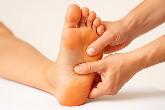 A close-up shot depicting a person receiving a relaxing foot massage, focusing on stress relief and wellness with the gentle pressure of the masseuse's hands.