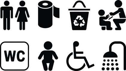 A collection of icons representing public restroom facilities and hygiene.