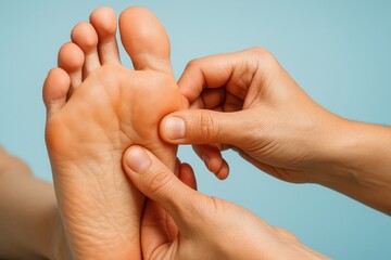 Foot massage for relaxation and well-being, a close-up of hands massaging the sole, promoting health and circulation, showcasing a therapeutic touch on a blue background.