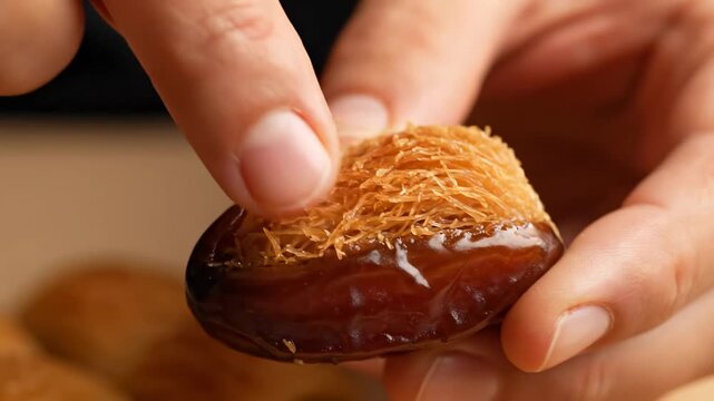 Hand Holding Delicious Stuffed Date with Crispy Kunafa Topping, a Sweet Middle Eastern Dessert