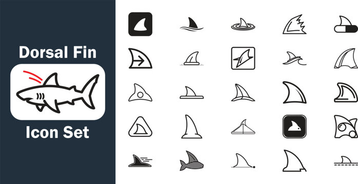 A comprehensive collection of minimalist line icons titled Dorsal Fin Icon Set featuring various styles of shark and dolphin dorsal fins, ocean waves, and marine predator symbols.