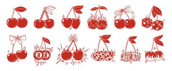 Plakat Vintage cherry. Retro berry. Sketch cherries with bow, ribbon, leaves, berries explosion, luck, 8 ball, heart, fire, disco ball, lucky dice. Hand drawn decorative vector prints