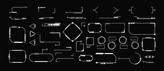 Futuristic UI interface elements. Sci-Fi frames and callouts titles. Digital technology bar, banner, panels, divider, box, high tech lines. Game graphic dashboards. Vector set © Foxy Fox