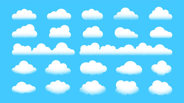 Grunge cloud. Grainy, cloudy shape. Simple noise texture on weather elements on blue background. Abstract dusty grain effect for cumulus cloud objects. Vector sky background