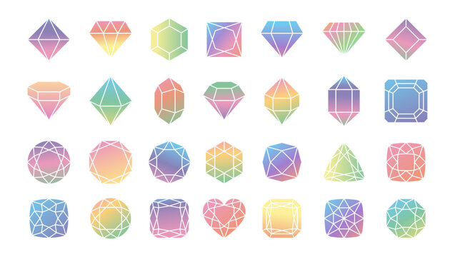 Gradient gems. Colorful jewel diamond. Simple flat color gradation jewelry geometric silhouette. Various gemstone shapes heart, crystal, hexagon, faceted brilliant. Vector set