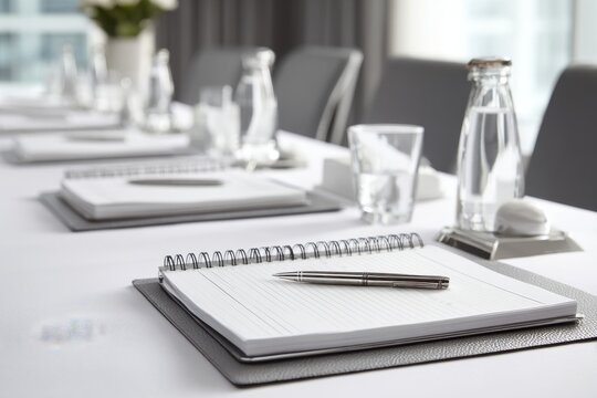 Clean meeting room setup with notebooks and pens on a white table.