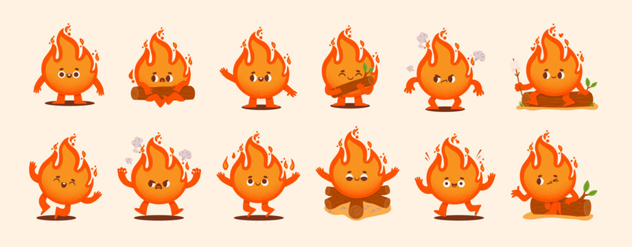 Flame characters. Cartoon cute fire. Funny fire mascot in different poses with cheerful, angry, happy faces, emotions. Hot object running, jumping. Vector sticker set