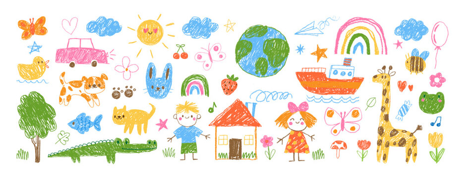 Child doodle drawing. Kids hand drawn illustration. Cute colorful kid crayon painting, pencil animals, chalk rainbow, house, planets. Funny kindergarten prints. Vector set