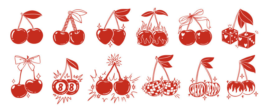 Vintage cherry. Retro berry. Sketch cherries with bow, ribbon, leaves, berries explosion, luck, 8 ball, heart, fire, disco ball, lucky dice. Hand drawn decorative vector prints