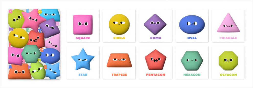 3d geometric shape characters. Abstract basic figure. Realistic cute kids colorful blob figures with faces for childrens education, school cards. Vector set