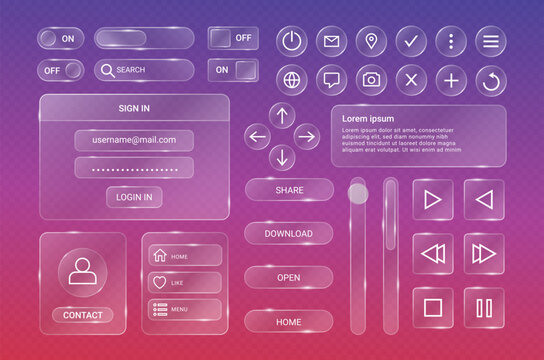 Glassmorphism interface. Transparent glass UI frames. Abstract gradient UI UX user button, bar, frame, templates for website, mobile app, social media. Vector set