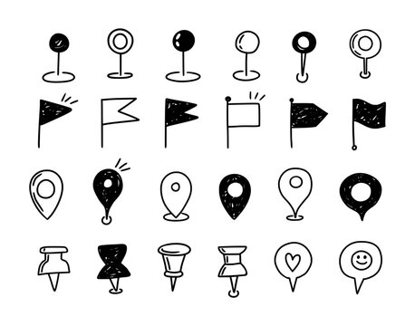 Doodle location pin. Sketch local icons. Hand drawn pencil address coordinate symbols, chalk digital map pinpoint, GPS tag, place marker, journey point. Vector set