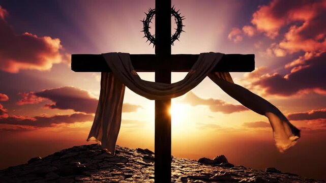 Christian cross with crown of thorns at dramatic sunset