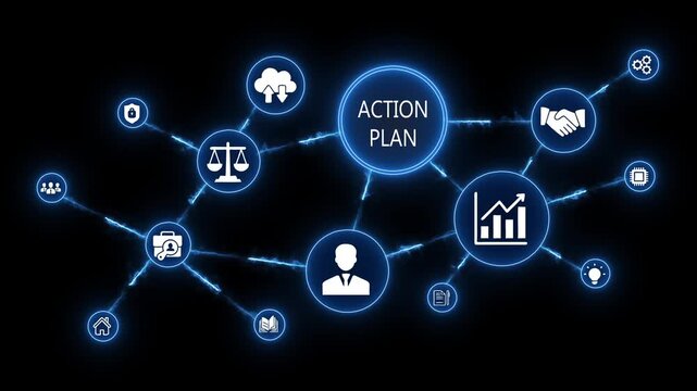 Action plan infographic with glowing blue and symbols on black background representing business strategy and productivity