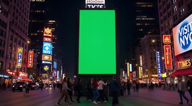 Times Square at night with crowd of people in front of green screen billboard
