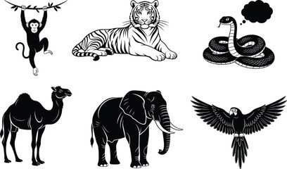 Black silhouette collection of wild animals featuring tiger elephant monkey camel parrot and snake isolated on white background for zoo wildlife education and safari nature design © MstNasrin
