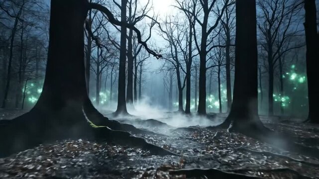 Spooky forest scene with a gravestone shrouded in fog, ethereal lights, and bare trees at dusk