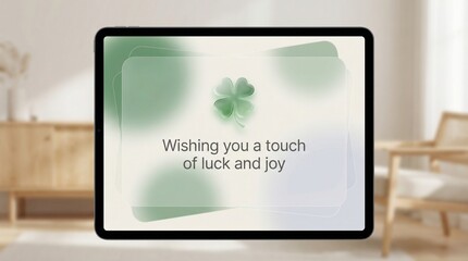 Fototapeta premium Tablet displaying Saint Patrick's Day greeting with four-leaf clover and 