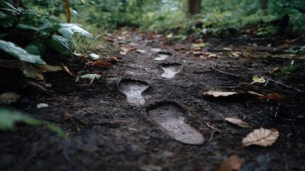 Obraz premium Footprints imprinted in the wet mud of a forest path marking a solitary journey through a lush natural woodland