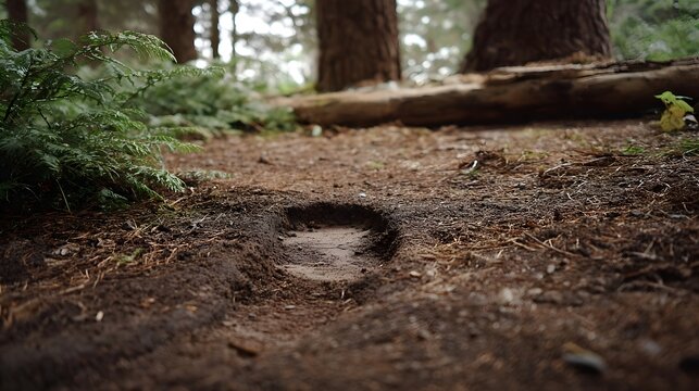 A solitary footprint indentation pressed into the damp earth of a forest floor surrounded by natural debris