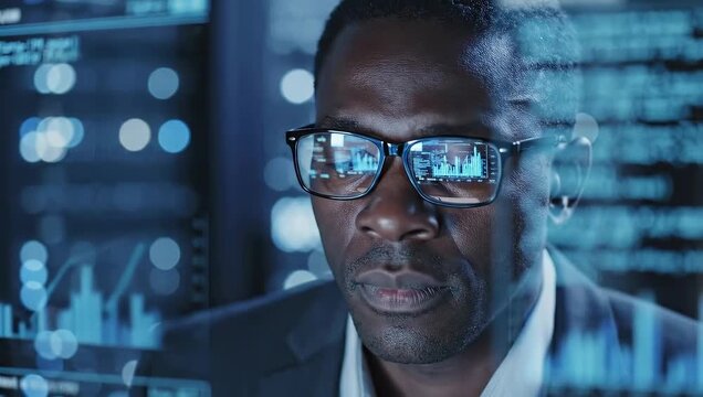 Focused professional analyzes data on computer screen. Businessman studies financial trends and statistics for project success. Innovation drives decision making in modern office.