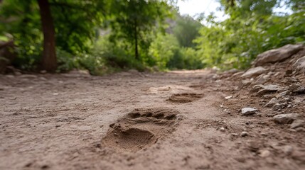 Fototapeta premium Animal footprints deeply impressed into the dirt on a forest hiking trail viewed from a low perspective with blurred greenery in the background
