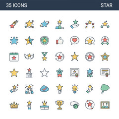 Fototapeta premium A collection of 35 star-themed icons in various styles and colors displayed on a clean white background from a straightforward viewpoint