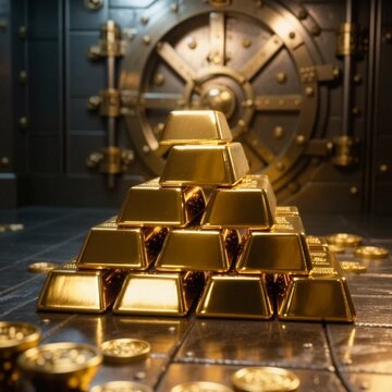 Gold ingots stacked in vault with camera moving around  