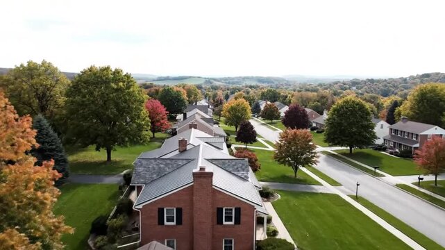 Aerial view of Lancaster, Ohio neighborhood with brick houses, autumn trees, and rolling hills