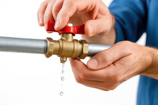 Hands turning a red valve on a metal pipe with water droplets leaking down, close up shot, against a plain background, revealing a water leak and plumbing issue.