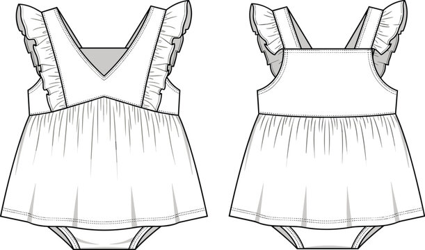 Stylish Baby Romper Fashion Illustration for Apparel Design: A Trendy and Cute Summer Outfit for Infants, Featuring Ruffled Sleeves and a Comfortable Fit, Perfect for Fashion Design Projects