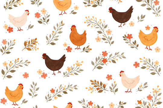 EASTER CHICKEN FLORAL SEAMLESS PATTERN WATERCOLOUR FARMHOUSE STYLE