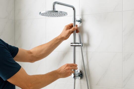 Installing a new shower system with adjustable settings in a modern bathroom, a renovation project focusing on home improvement and plumbing upgrades.