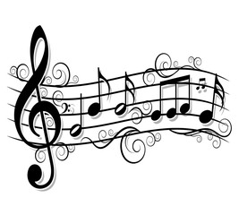 A black and white illustration depicts musical notes and a treble clef swirling in a decorative arrangement