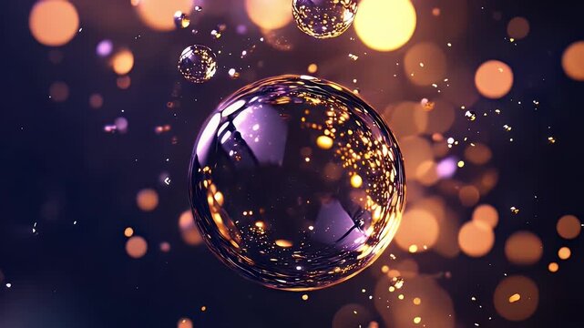 Glistening spheres float amongst golden bokeh lights