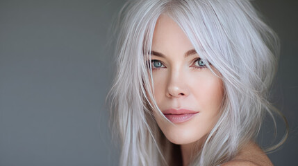 Naklejka premium Transition from young to older woman concept. A close-up portrait of a woman with striking features and silver hair.