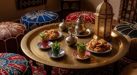 Fototapeta premium Traditional Moroccan tea set with pastries on ornate table.