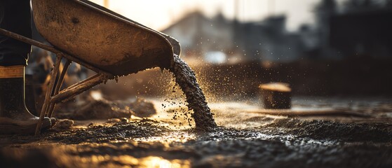 Concrete pouring from wheelbarrow at sunset.