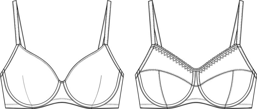 Fashionable Lingerie Sketches: An Elegant Bra Design for Apparel Mockups and Technical Illustrations, Featuring Delicate Trim and Modern Underwear Style